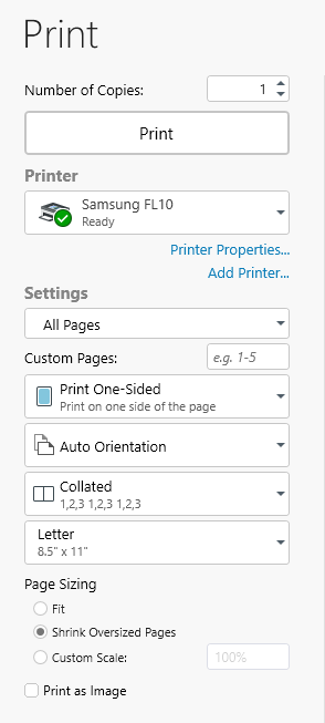 PDF Extra: print dialog window
